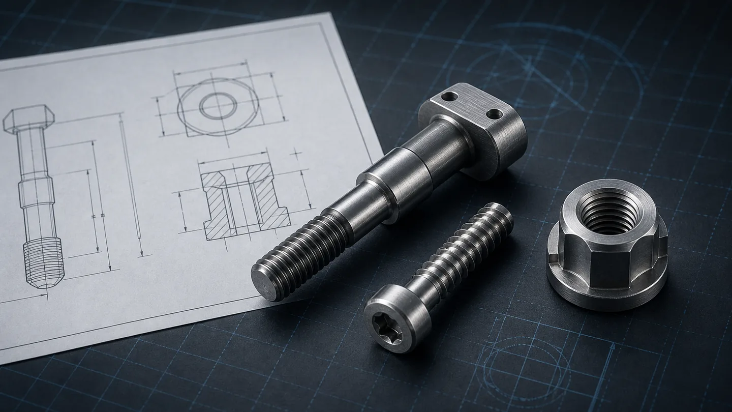 Custom bolt, screw and nut arranged beside a generic engineering drawing for drawing-led RFQ review